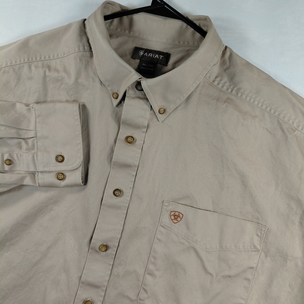 Ariat Mens 3XL Khaki Tan Heavy Cotton Button Down Long Sleeve Work Shirt Logo
